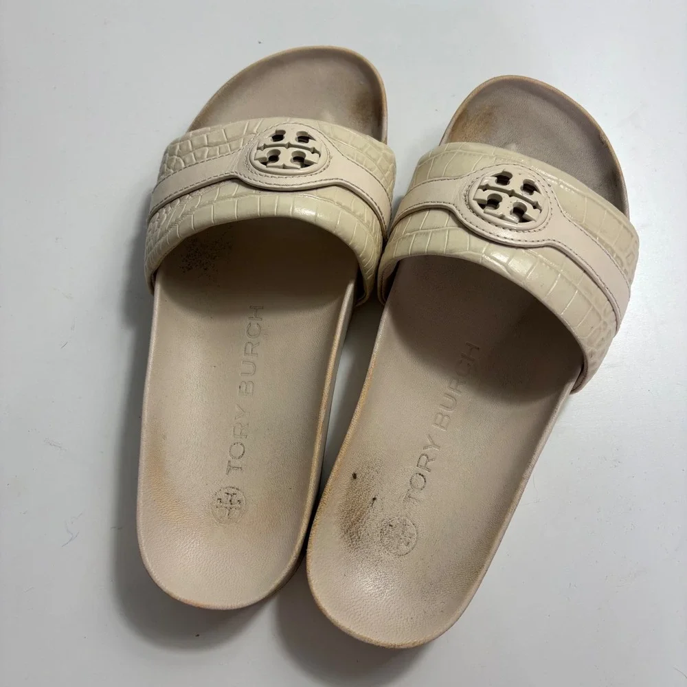 Tory Burch Miller Cloud Cream Croc Embossed Leather Slide Sandals 8M